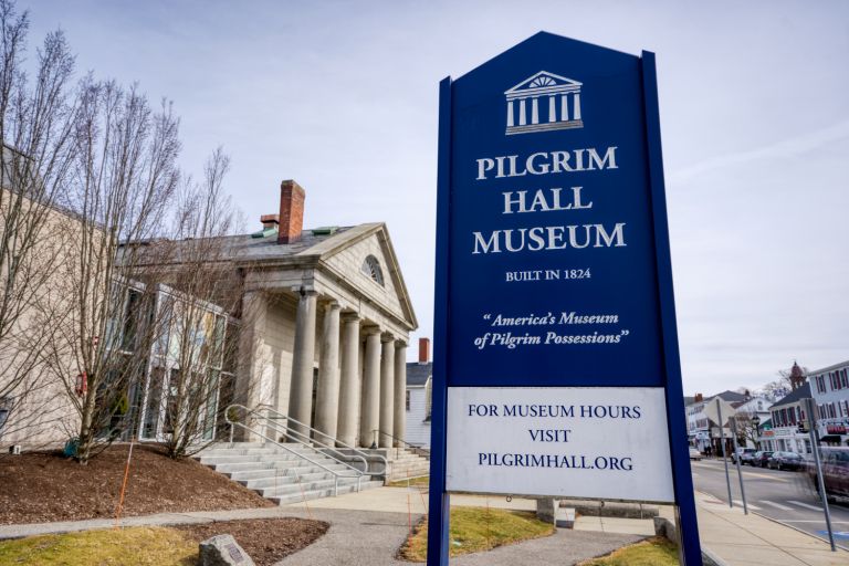Pilgrim Hall Carved Wood Sign Downtown Plymouth by Zebra Visuals