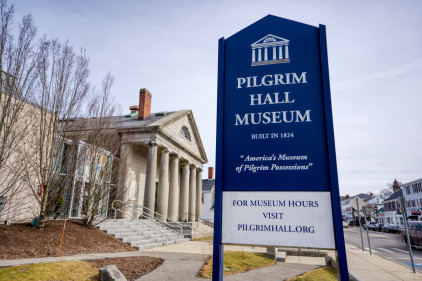 Pilgrim Hall Carved Wood Sign Downtown Plymouth by Zebra Visuals